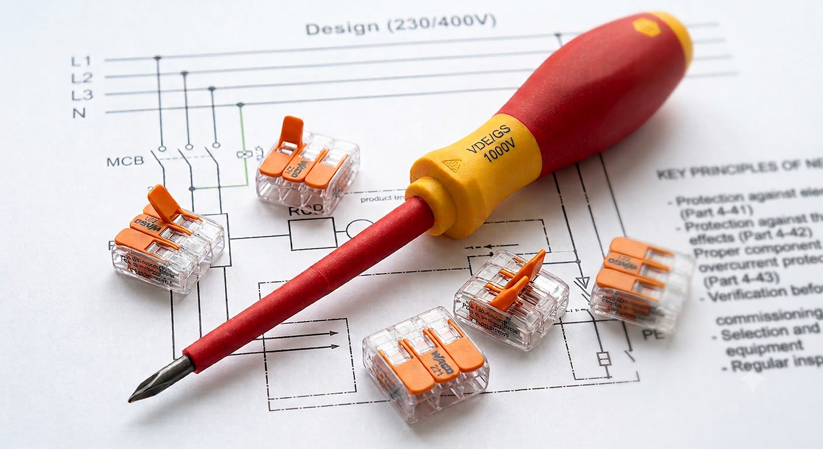 Electrical tools and connectors on a technical wiring diagram